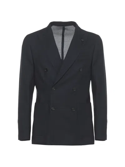 Lardini Double Breasted Cotton Blazer Structured Shoulders In Blue