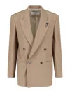 Lardini Double-breasted Stretch Wool Blend Blazer In Brown