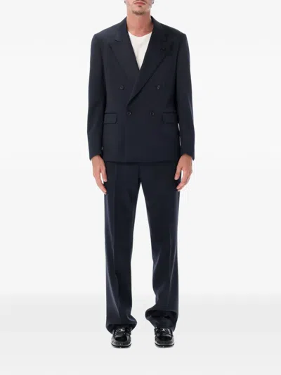 Lardini Double-breasted Black Satin Lapel Smoking Jacket In Blue