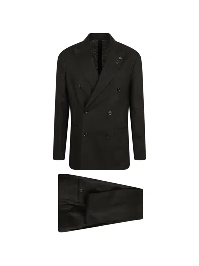 Lardini Double-breasted Linen Suit In Black