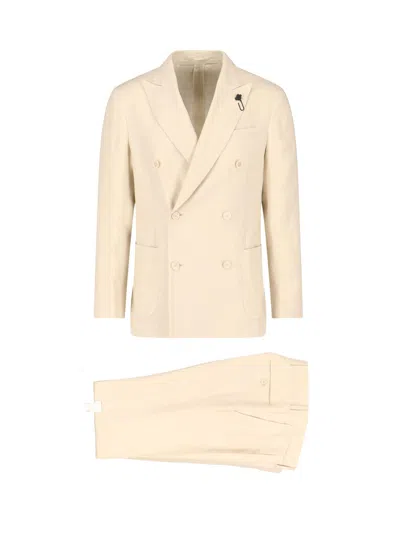 Lardini Double-breasted Linen Suit In Neutral