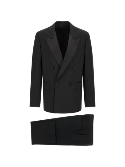 Lardini Double-breasted Satin-trim Suit In Black