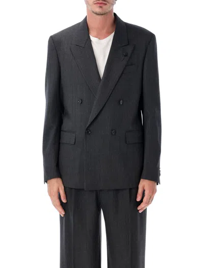 Lardini Double-breasted Stretch Wool Jacket With Peak Lapels In Black