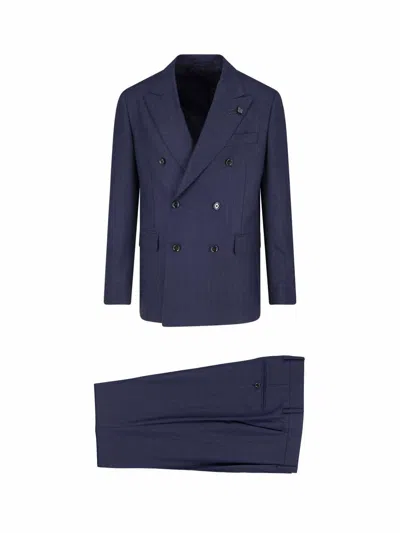 Lardini Double-breasted Virgin Wool Suit With Peaked Lapels In Blue