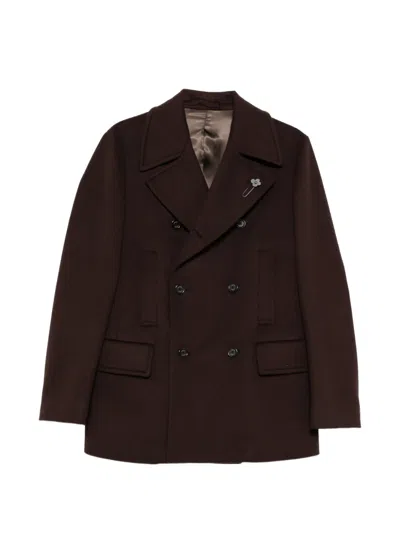 Lardini Double-breasted Virgin-wool Peacoat In Brown