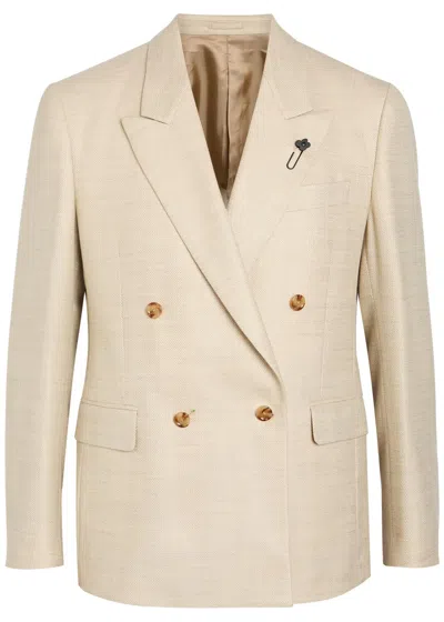 Lardini Double-breasted Wool And Silk-blend Blazer In Cream