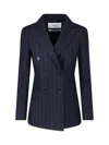 Lardini Double Breasted Pinstripe Blazer Flower Pin In Blue