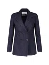 Lardini Double Breasted Pinstripe Blazer Flower Pin In Blue