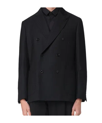 Lardini Blue Double-breasted Jacket In Wool With Pinstripe Pattern In Black