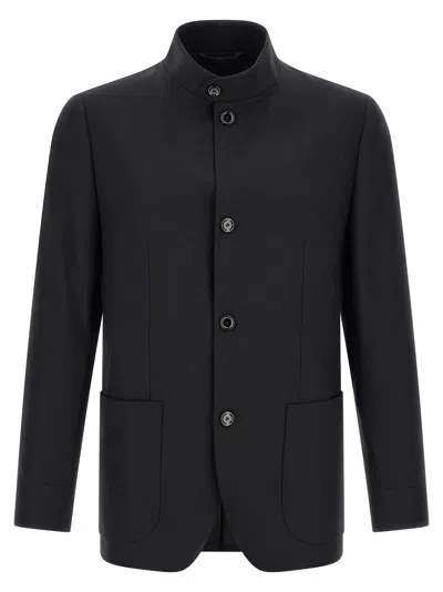 Lardini Ribbed-knit Stand-collar Jacket In Black