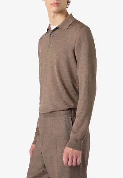 Lardini Fine Knit Long-sleeved Wool Polo T-shirt In Brown