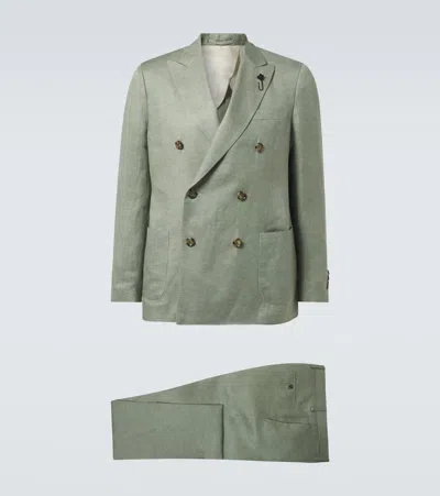 Lardini Double-breasted Linen And Silk Suit In Green 