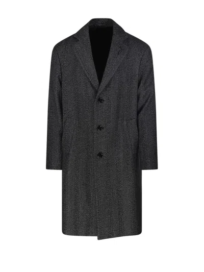 Lardini Grey Textured Wool Coat With Notched Lapel In Black