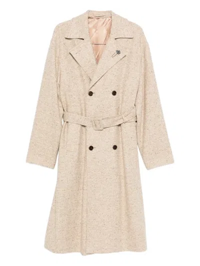 Lardini Herringbone Belted Coat In Neutral