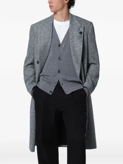 Lardini Grey Double-breasted Coat In Wool With Herringbone Pattern In Gray