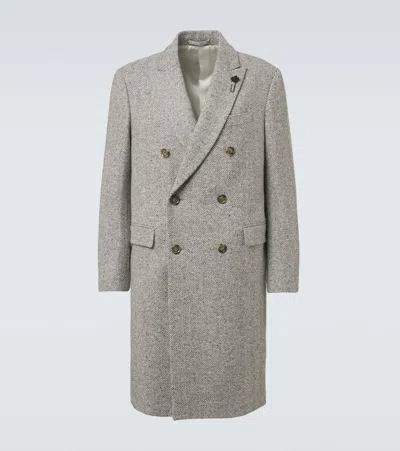 Lardini Herringbone Double-breasted Virgin Wool Coat In White