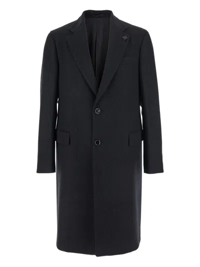 Lardini Herringbone Flower-embellished Coat In Black