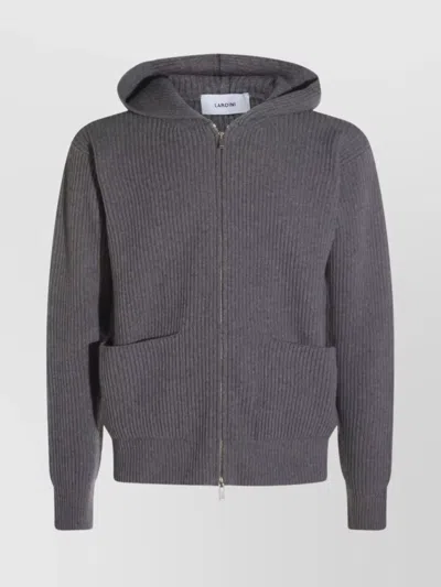 Lardini Hooded Ribbed Crewneck Front Pockets In Blue