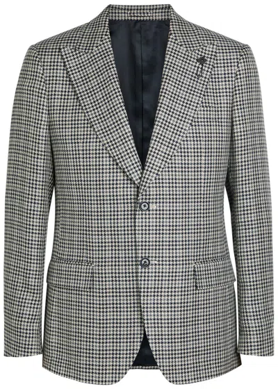 Lardini Houndstooth Cotton And Flax-blend Blazer In Gray