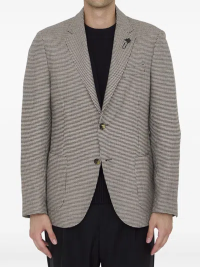 Lardini Single-breasted Houndstooth Lapel Jacket With Brooch In Brown