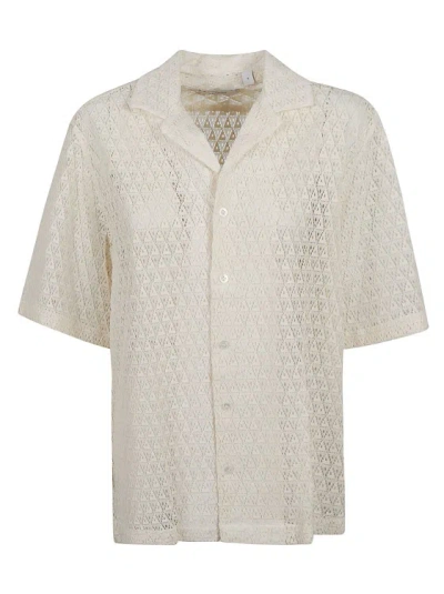 Lardini Ivory White Cotton Blend Geometric Macramé Shirt