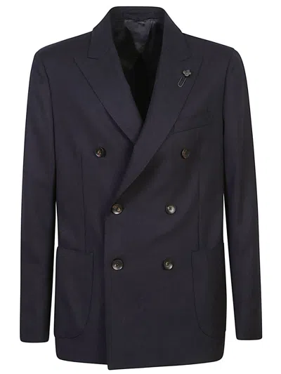 Lardini Double-breasted Wool Blazer With A Pin In Grey