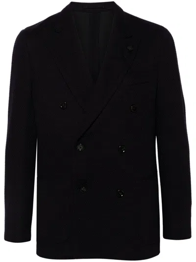 Lardini Blue Double-breasted Jacket With Logo Pin In Knit Man