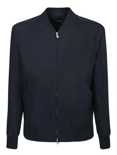 Lardini Blue Linen Bomber Jacket With Ribbed Accents