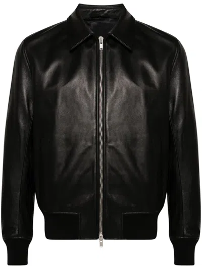 Lardini Leather Bomber Jacket In Black