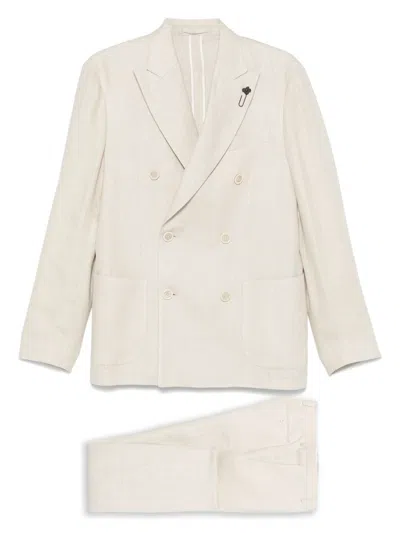 Lardini Light Beige Linen Double-breasted Suit In Neutrals