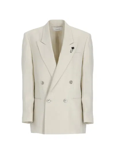 Lardini Linen Double Breasted Blazer Peak Lapel In Black