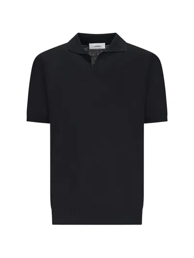 Lardini Linen-cotton Notched Neck Short-sleeve T-shirt With Ribbed Hems In Blue