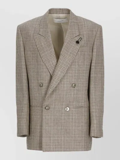 Lardini Longline Double Breasted Checked Wool Linen Jacket In Neutral