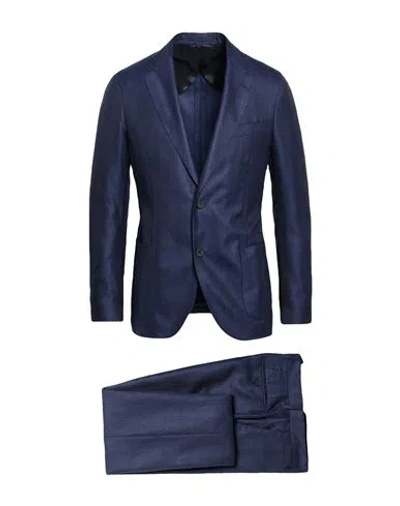 Lardini Man Suit Navy Size 44 Wool, Silk, Linen In Blue