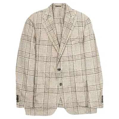 Pre-owned Lardini Men's Checked Blazer L-xl In Brown Blue Linen Wool Silk Blend