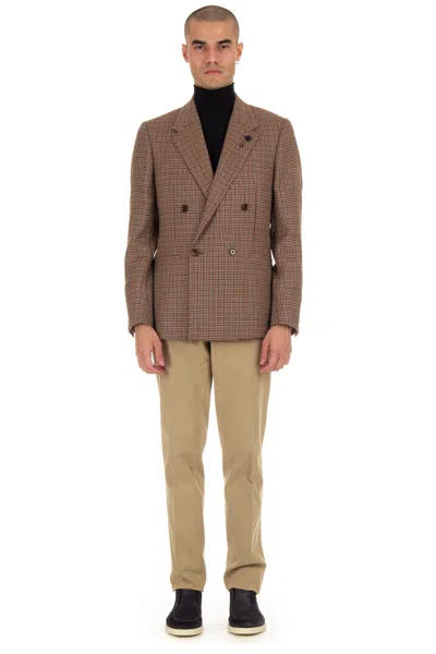 Lardini Double-breasted Houndstooth Wool Jacket In Brown