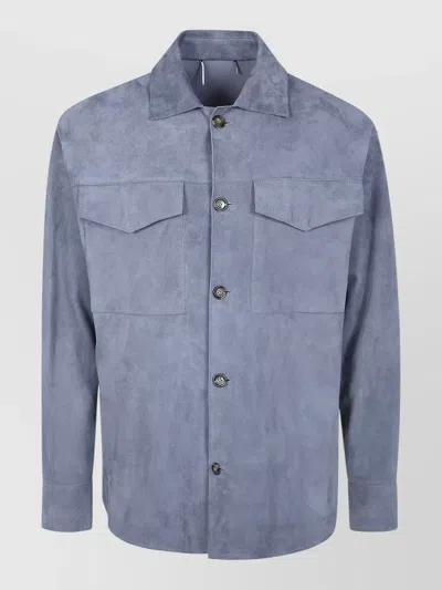 Lardini Nappa Shirt Jacket Chest Pockets Collar In Blue