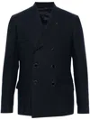 Lardini Linen Double-breasted Blazer With Lapel Pin In Blue