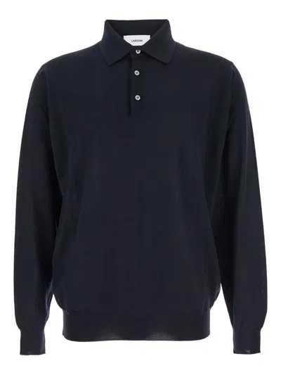 Lardini Pure Virgin Wool Long-sleeve Polo Shirt Made In Italy In Blue