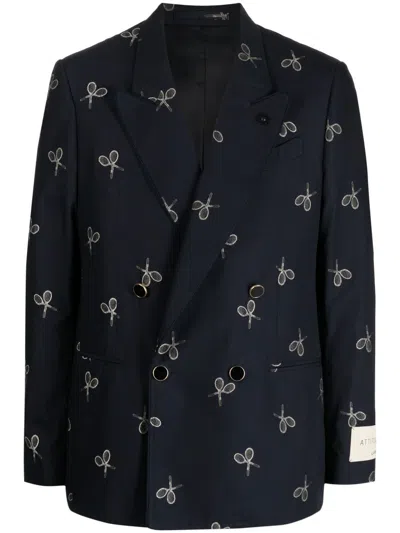 Lardini Racket-print Double-breasted Blazer In Blue