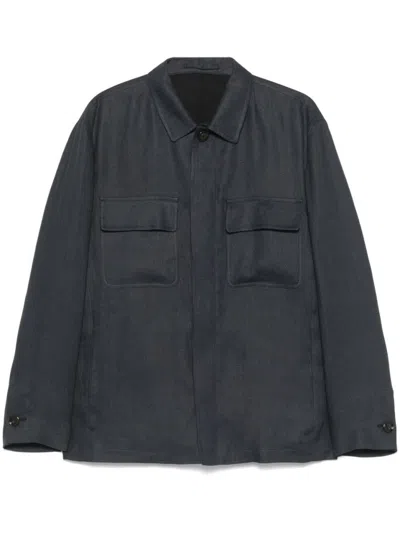 Lardini Relaxed Fit Linen Shirt With Concealed Fastening In Navy Blue