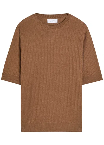 Lardini Ribbed Fine-knit Flax And Cotton-blend T-shirt In Brown