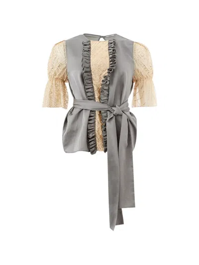 Lardini Ruffled Silk-linen Blouse In Grey