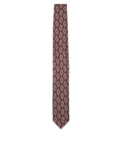 LARDINI SILK TIE IN BROWN/RED WITH GEOMETRIC PATTERN