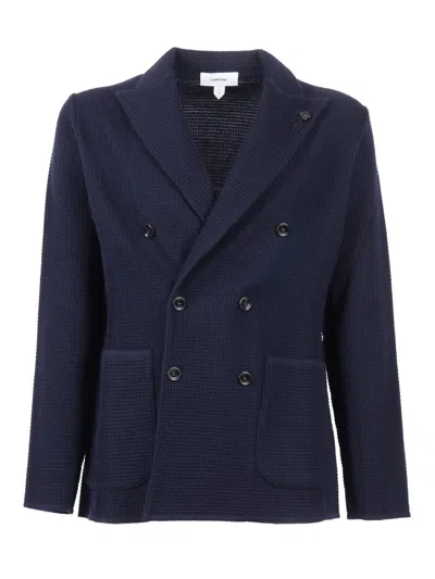 Lardini Double-breasted Textured Knit Jacket In Blue