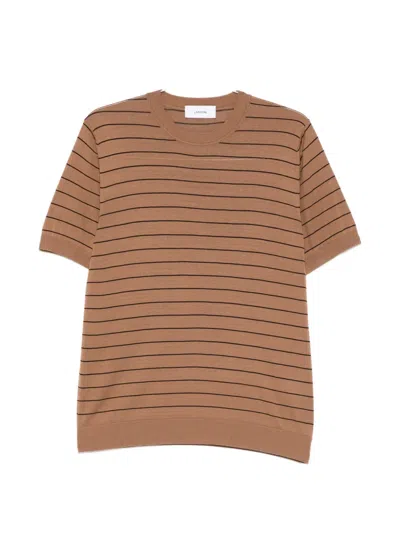 Lardini Striped Short Sleeve Crew Neck Sweater In Brown