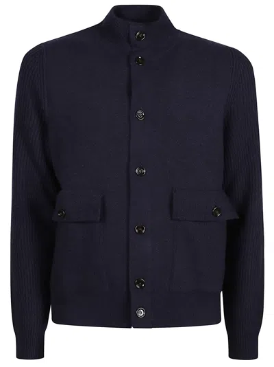 Lardini Structured Blue Wool Jacket With High Collar And Flap Pockets