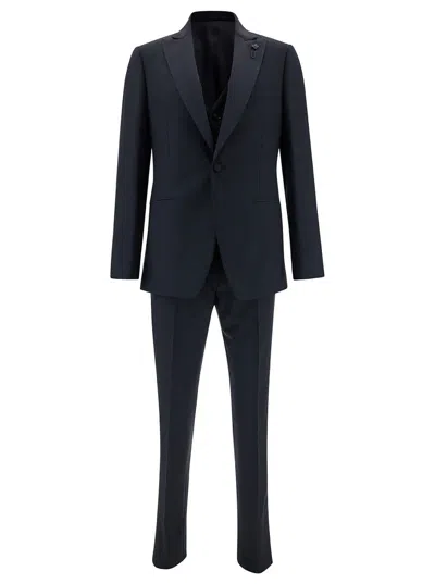 Lardini Blue Single-breasted Suit With Peak Reverse In Wool In Black