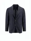 Lardini Tailored Black Jacket With Floral Lapel Pin In Blue