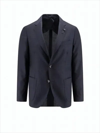 LARDINI TAILORED BLACK JACKET WITH FLORAL LAPEL PIN